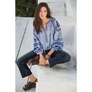 Next Blue Embroidered Boho Peasant Blouse Tassel Tie Balloon Sleeve Top XL